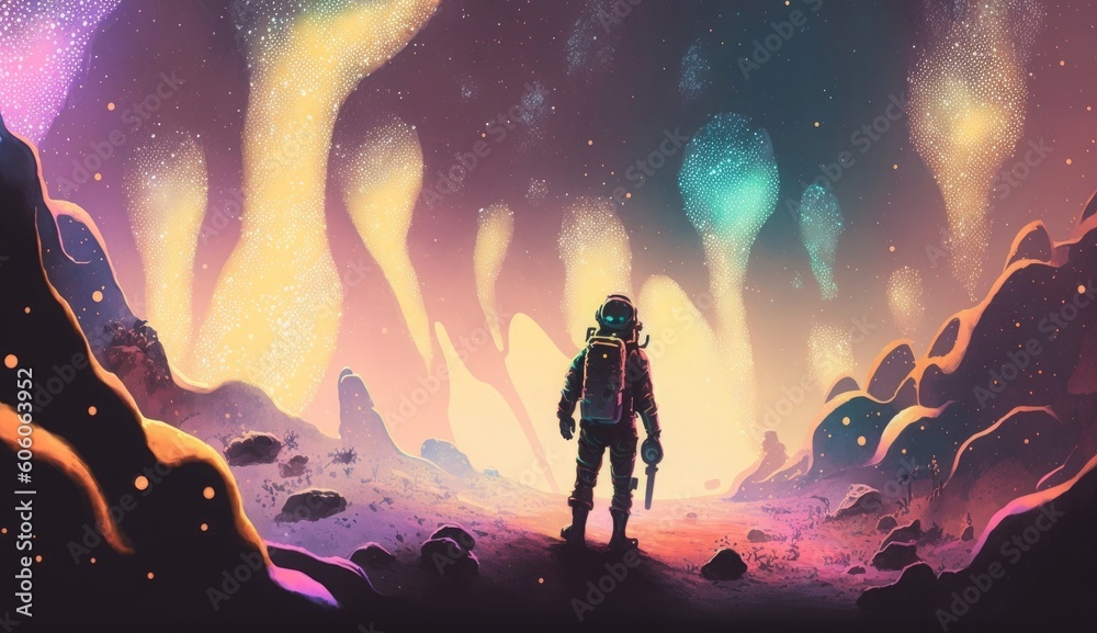 astronaut walking on the ground with glowing particles in alien planet, digital art style, illustration painting, Generative AI