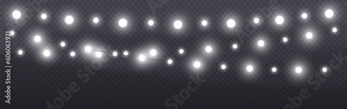 Christmas lights. White realistic garlands. Silver light bulbs for greeting card or poster. Holiday decoration. Bright glowing elements. Vector illustration