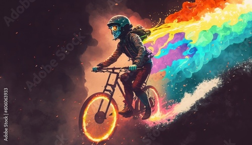 fantasy man with a gas mask riding bicycle with colorful burning wheels, digital art style, illustration painting, Generative AI