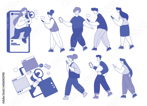 Woman Shouting in Megaphone and People Walking with Smartphone as Social Marketing and Promotion Vector Set