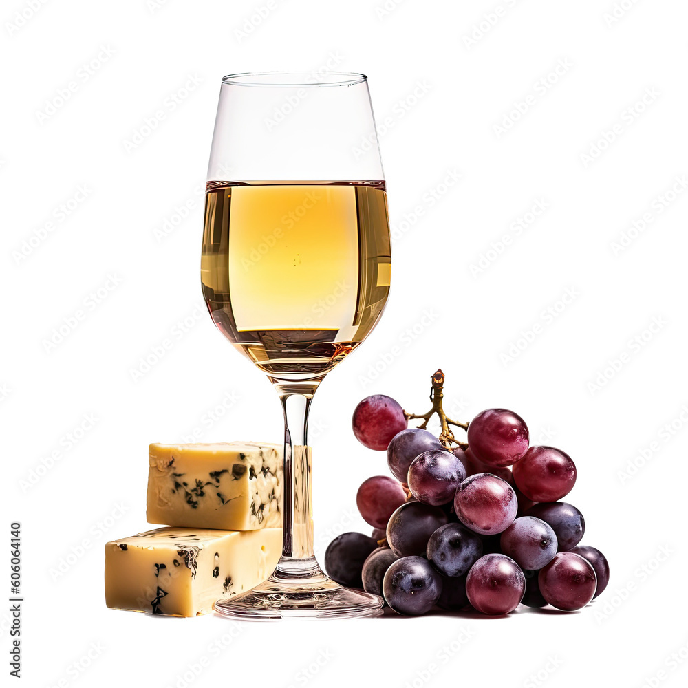 Wine, Cheese, and Grapes, Social gatherings, Culinary delights. imported pleasure, Food-themed, photorealistic illustrations in PNG, isolated and cutout. Generative AI