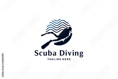 Scuba diving logo design with underwater waves vector illustration