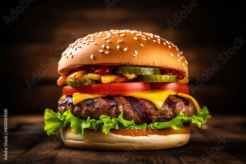 close up grilled burger with cheese on a wooden table with a wooden background