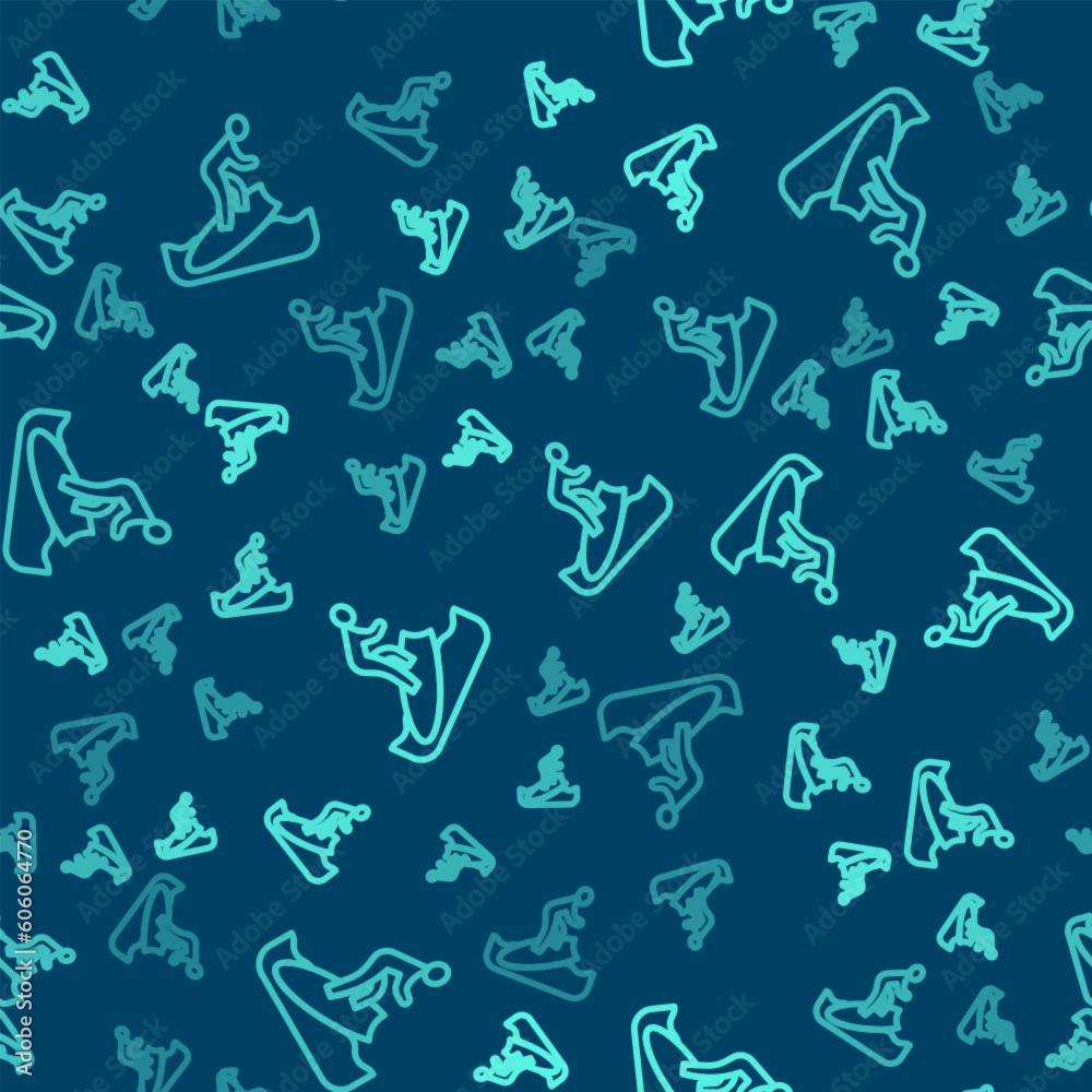 Green line Surfboard icon isolated seamless pattern on blue background. Surfing board. Extreme sport. Sport equipment. Vector