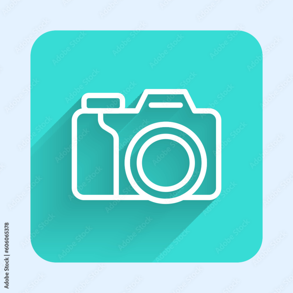 White line Photo camera icon isolated with long shadow background. Foto camera. Digital photography. Green square button. Vector White line Photo camera icon isolated with long shadow background. Foto camera. Digital photography. Green square button. Vector