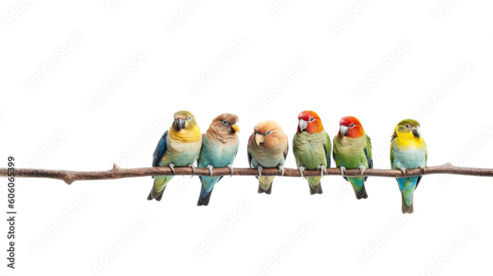 a group of Lovebirds sitting on a branch, colorful and beautiful, Nature-themed, photorealistic illustrations in a PNG, cutout, and isolated. Generative AI