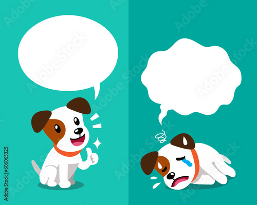 Vector cartoon character jack russell terrier dog expressing different emotions with speech bubbles for design.