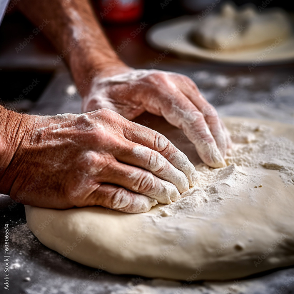 Pizza maker kneading the pizza dough. Generative AI.