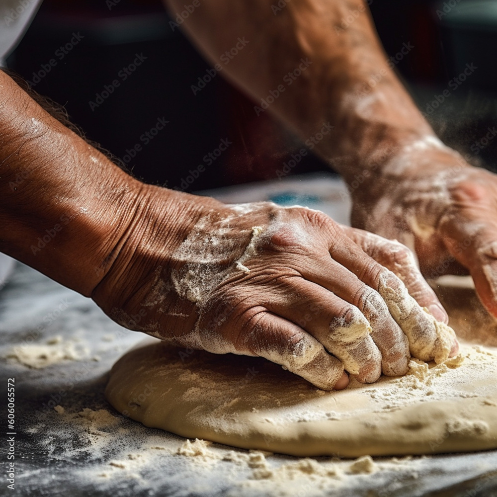 Pizza maker kneading the pizza dough. Generative AI.