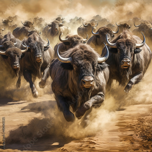 Running buffaloes. Generative AI.