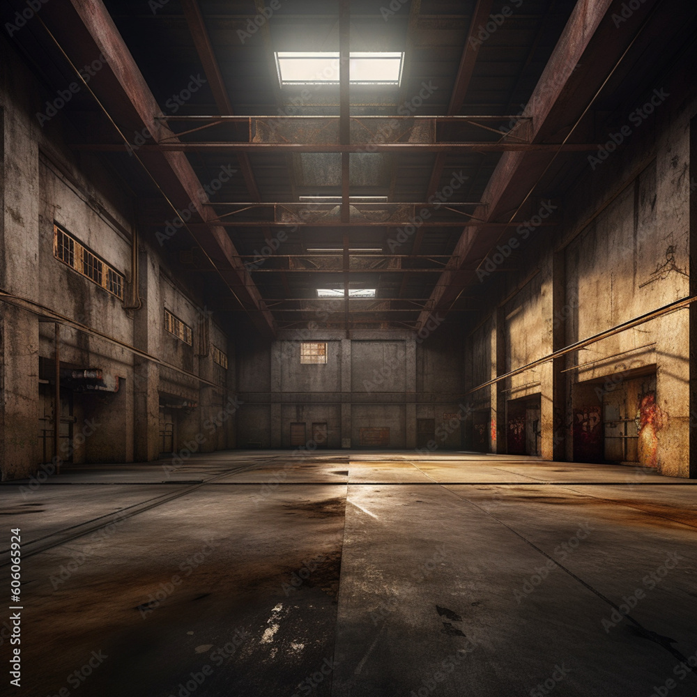 Warehouse or empty industrial warehouse. Generative AI.