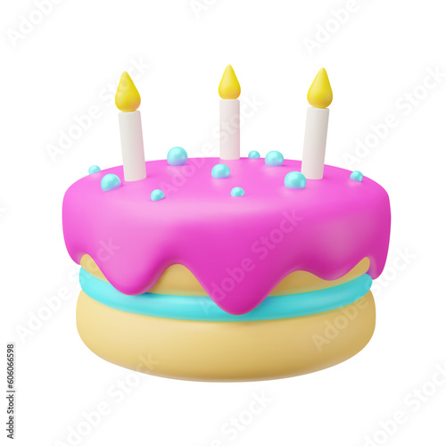 3D plastic cake with cream, candy balls, candles. Color cute dessert isolated on white background. Sweet bake sign of gender party, Happy Birthday, celebration, cafe, bakery. Vector pie illustration