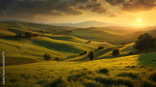 Rolling hills and meadows at sunset. Generative AI