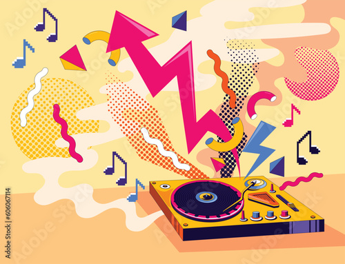 Turntable 90's Disk Jockey with Urban Abstract Background, 8-bit Notes and Colorful Style Illustration