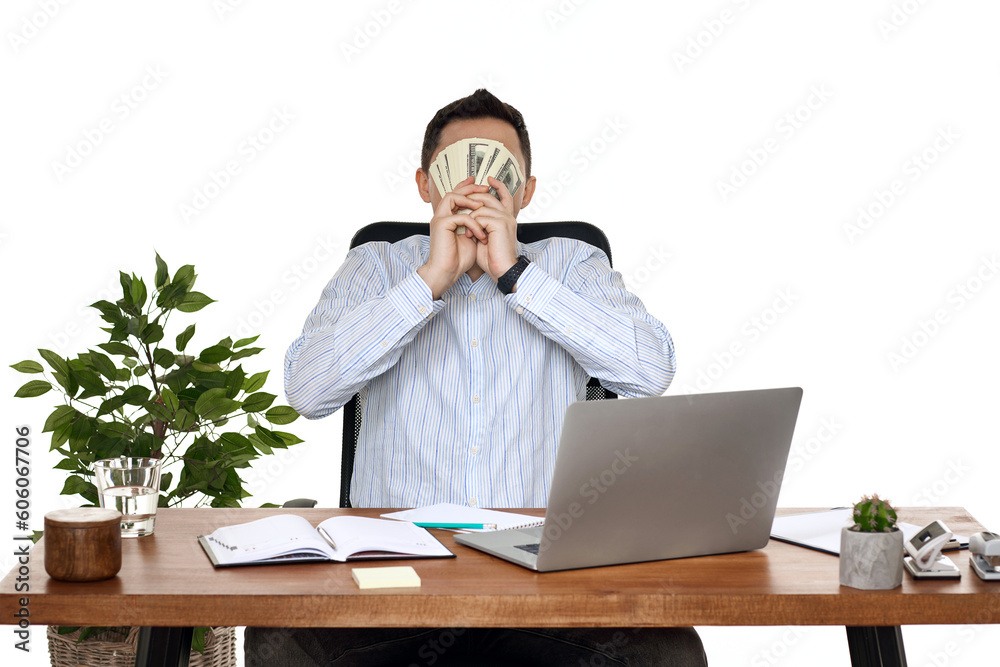 handsome businessman working on laptop and holding money handsome businessman working on laptop and holding money