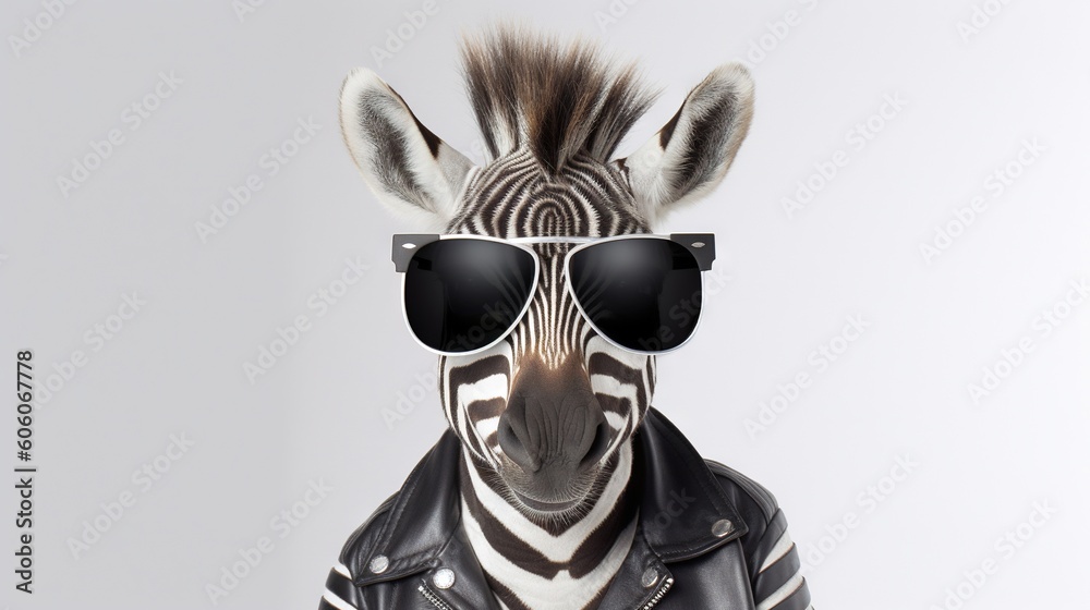 a zebra wearing sunglasses and a leather jacket with a zebra's head ...