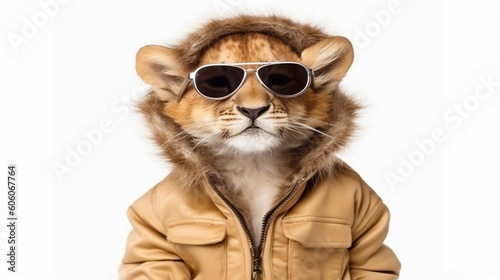  a cat wearing a jacket and sunglasses with a hood on it's head and a jacket with a hood on it's head.  generative ai © Oleg