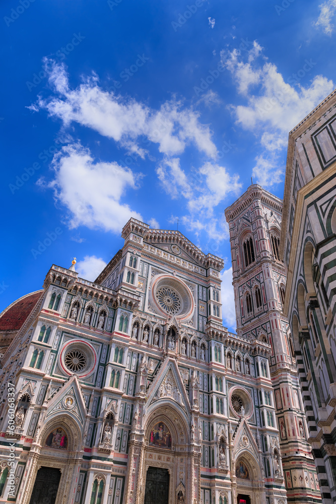 Typical urban view of Florence: the Cathedral of Santa Maria del Fiore with Giotto's Bell Tower and the Baptistery, Italy.