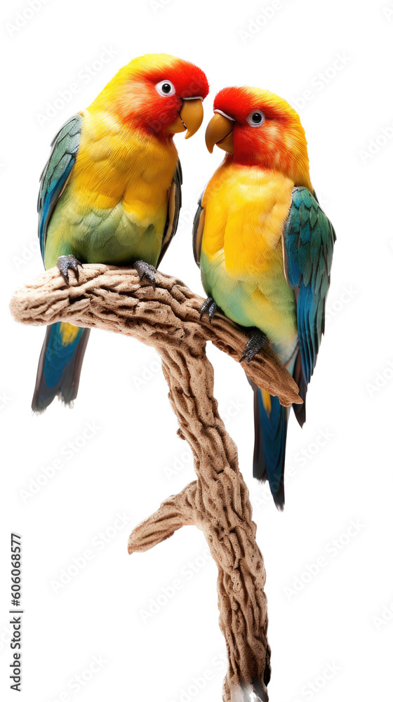 two Lovebirds sitting on a branch, colorful and beautiful, cuddling and friendly, Nature-themed, photorealistic illustrations in a PNG, cutout, and isolated. Generative AI two Lovebirds sitting on a branch, colorful and beautiful, cuddling and friendly, Nature-themed, photorealistic illustrations in a PNG, cutout, and isolated. Generative AI