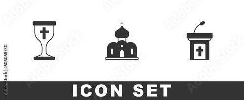 Set Christian chalice, Church building and sermon tribune icon. Vector