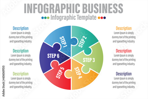 Infographic template for business. 6 Steps Modern Jigsaw puzzle diagram with circles and topic titles, presentation vector infographic.