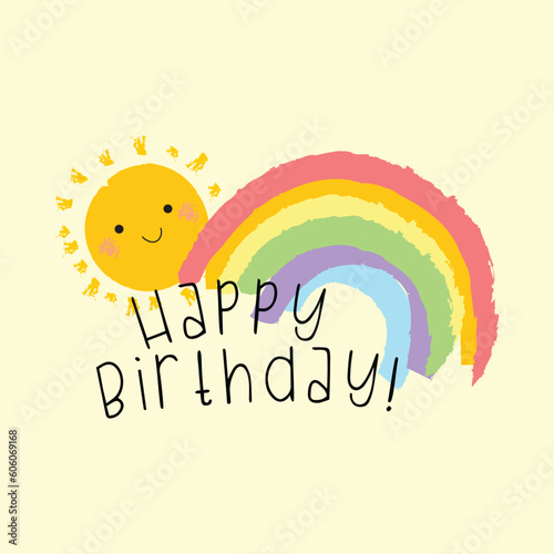 Happy Birthday hand drawn illustration of sunshine and rainbow. Text: Happy Birthday!