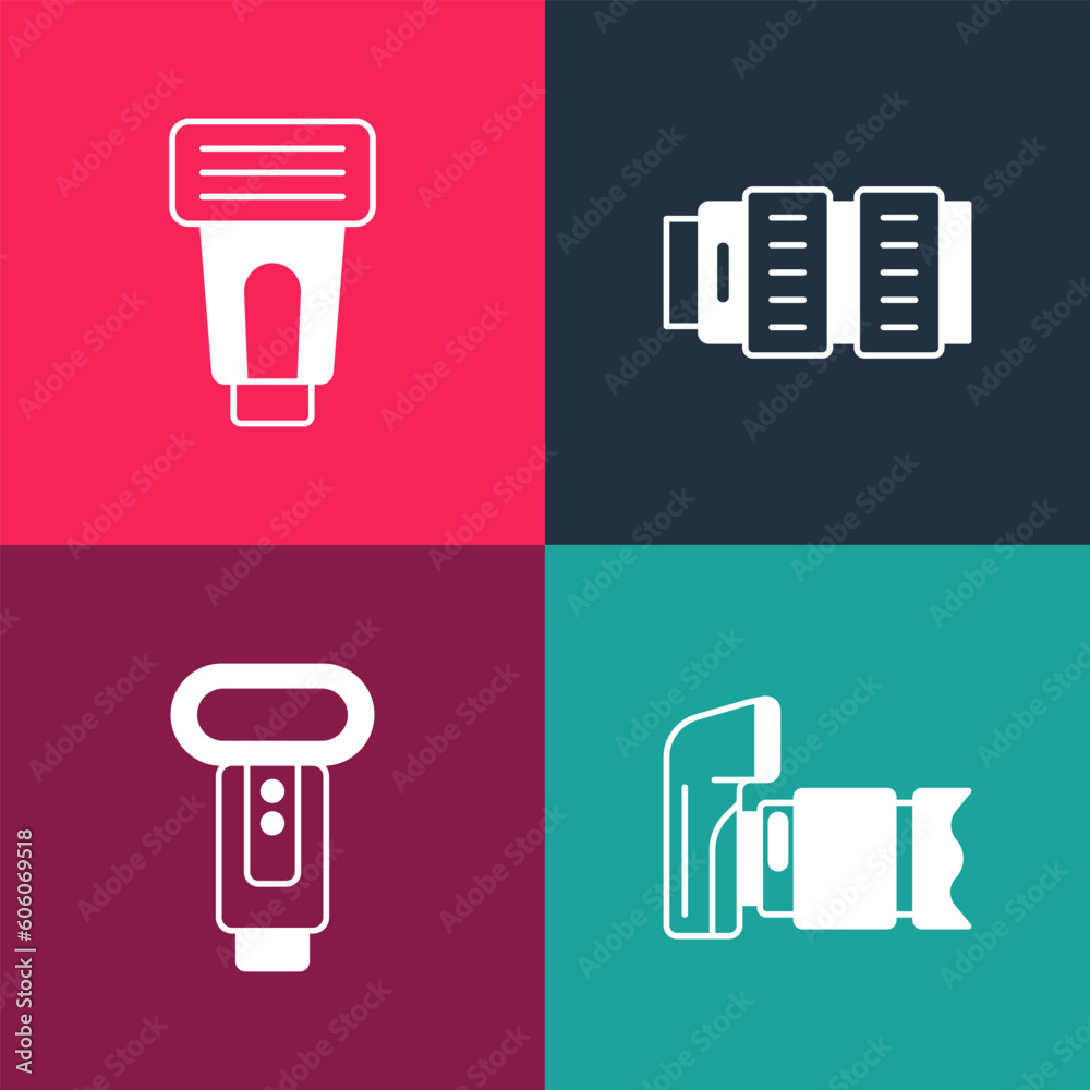 Set pop art Photo camera, flash, Camera photo lens and icon. Vector Set pop art Photo camera, flash, Camera photo lens and icon. Vector