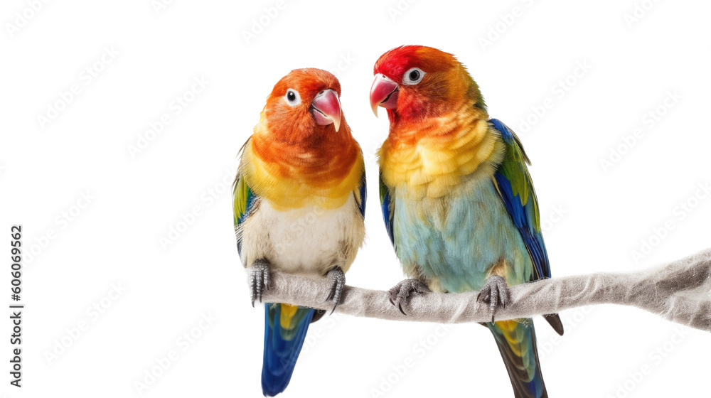 Naklejka premium two Lovebirds sitting on a branch, colorful and beautiful, cuddling and friendly, Nature-themed, photorealistic illustrations in a PNG, cutout, and isolated. Generative AI