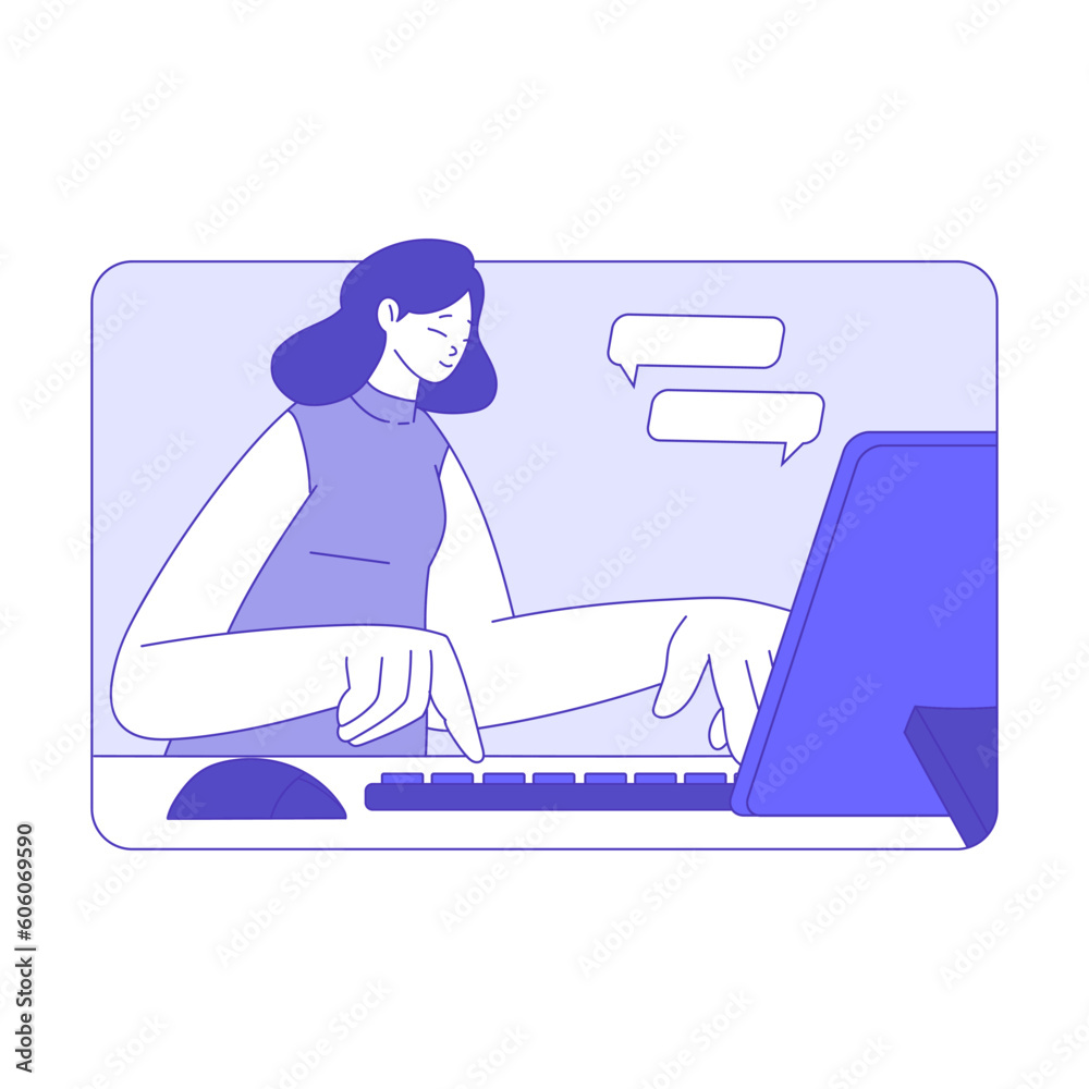 Business Woman Character at Laptop Meeting Online at Chat or Video Conference Vector Illustration