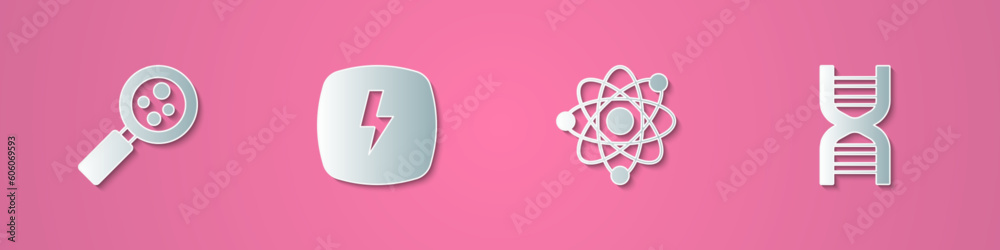 Set paper cut Microorganisms under magnifier, Lightning bolt, Atom and DNA symbol icon. Paper art style. Vector Set paper cut Microorganisms under magnifier, Lightning bolt, Atom and DNA symbol icon. Paper art style. Vector