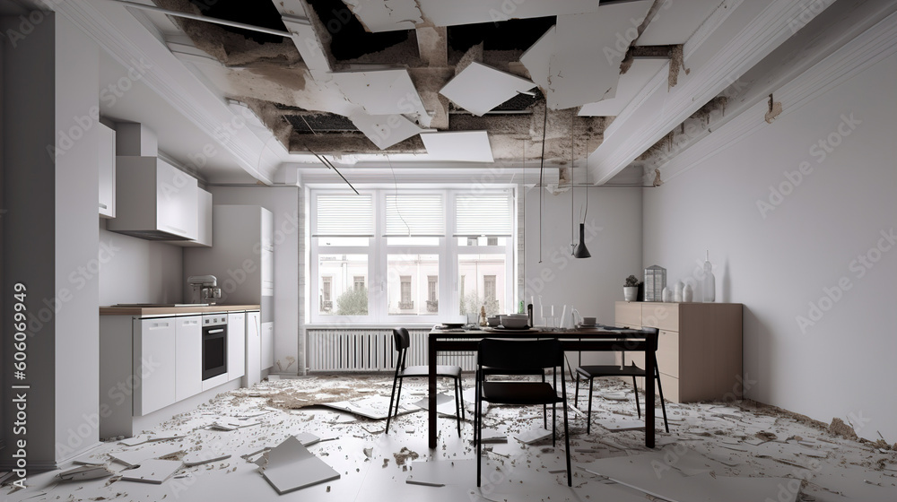 Destroyed ceiling in the apartment. AI generation Stock Illustration ...