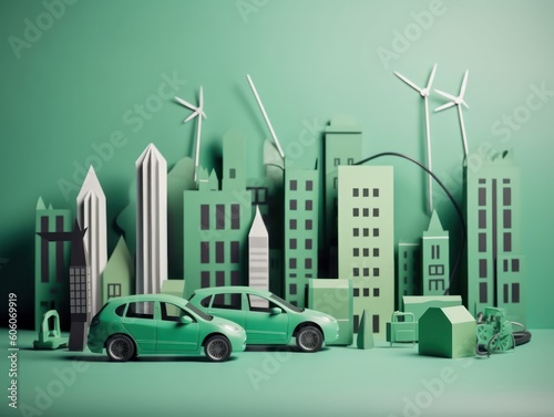 Green energy and sustainable concept, electric car and green city paper cut art. Generative AI