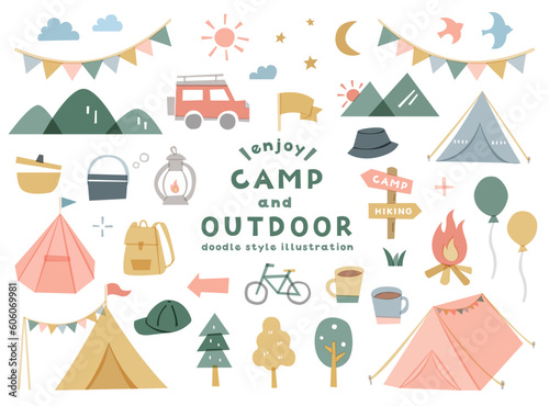 キャンプ・アウトドアのイラストセット　テント　レジャー　キャンプ場　シンプル　自然　旅行　休暇　山