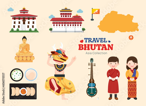 Travel Bhutan flat icons set. Bhutanese element icon map and landmarks symbols and objects collection. Vector Illustration