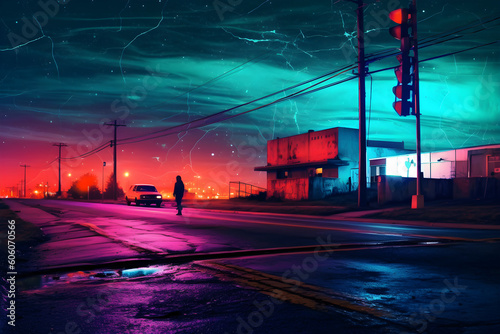Deserted road silhouette neon landscape photographic illustration, Generative AI