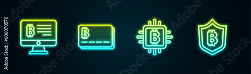 Set line Mining bitcoin from monitor, Credit card with, CPU mining farm and Shield. Glowing neon icon. Vector