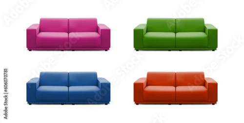 3d realistic vector icon set. Colorful sofas in different colors. Isolated on white background.Mobile