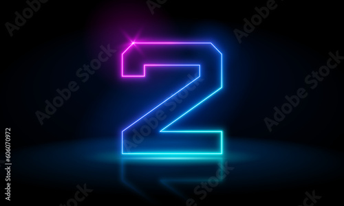 3d render, number two glowing in the dark, pink blue neon light. Abstract cosmic vibrant color digit neon glow. Glowing neon lighting on dark background. Numbers futuristic style