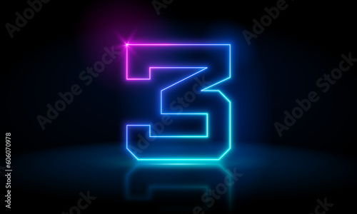 3d render, number three  glowing in the dark, pink blue neon light. Abstract cosmic vibrant color digit neon glow. Glowing neon lighting on dark background. Numbers futuristic style