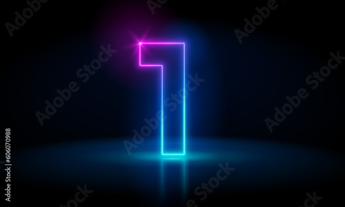 3d render, number one glowing in the dark, pink blue neon light. Abstract cosmic vibrant color digit neon glow. Glowing neon lighting on dark background. Numbers futuristic style