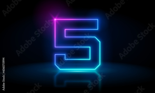 3d render, number five glowing in the dark, pink blue neon light. Abstract cosmic vibrant color digit neon glow. Glowing neon lighting on dark background. Numbers futuristic style