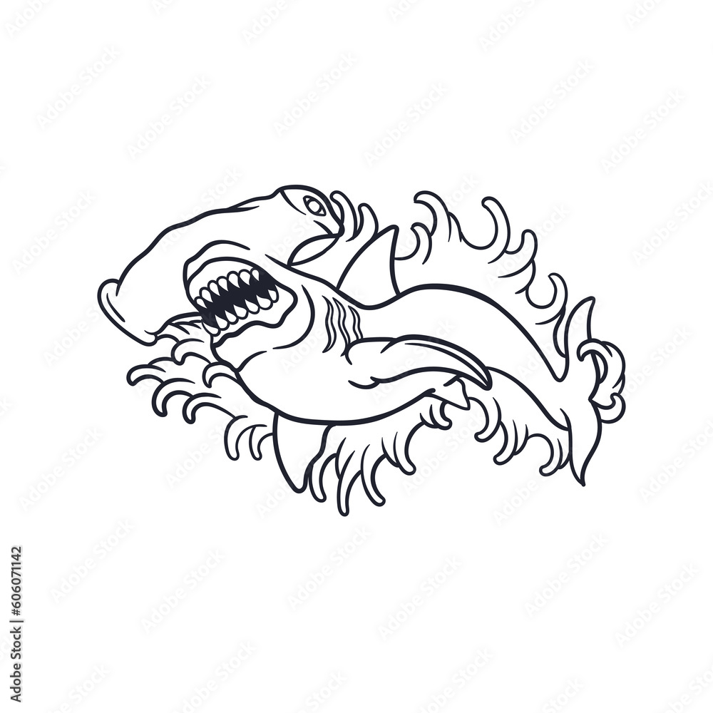 Hand drawn illustration of a hammerhead shark with water splash outline Hand drawn illustration of a hammerhead shark with water splash outline