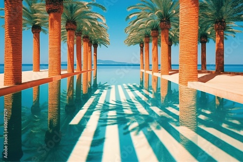 Palm Tree-Lined Swimming Pool Near Ocean under Blue Sky - AI Generative photo