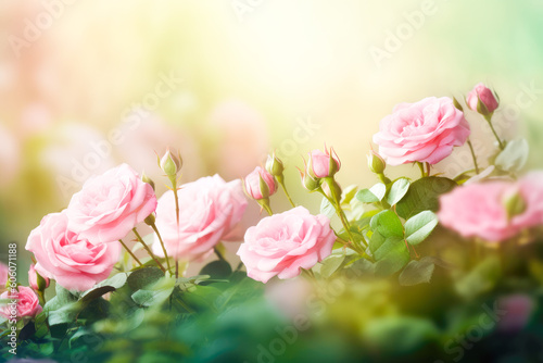 Beautiful pink rose flowers on a blurred background. Generative AI.  