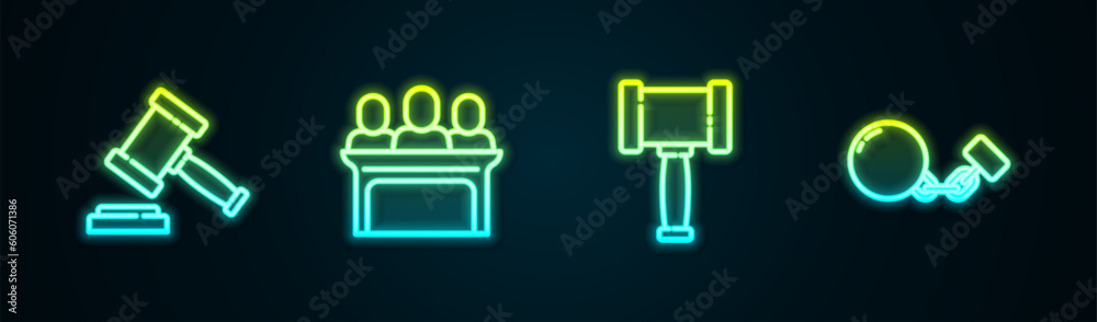 Set line Judge gavel, Jurors, and Ball on chain. Glowing neon icon. Vector Set line Judge gavel, Jurors, and Ball on chain. Glowing neon icon. Vector