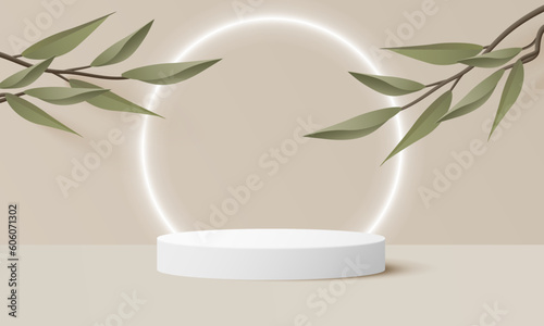 3d background product display podium scene with leaf geometric platform. background vector 3d render with podium. stand to show cosmetic product. 3d stage showcase on pedestal display beige background