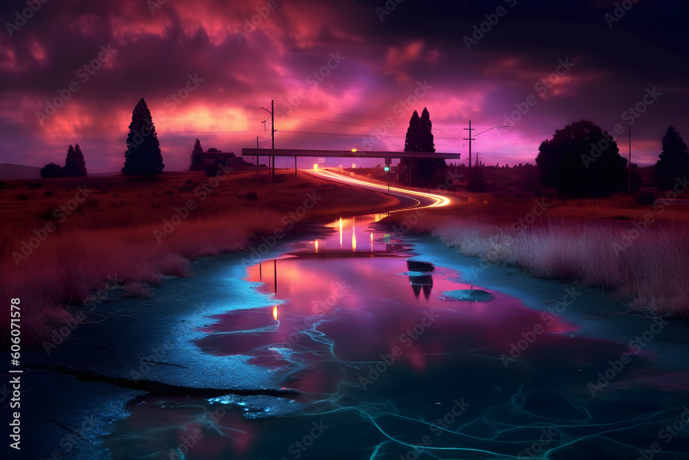 Deserted road neon landscape pink sky reflection photographic illustration