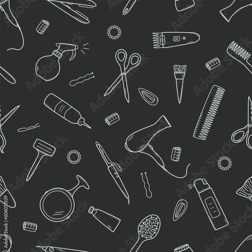 Seamless pattern of hairdressing elements. Vector illustration of doodle icons background, wallpaper. The concept of a hairdressing salon and a beauty salon.