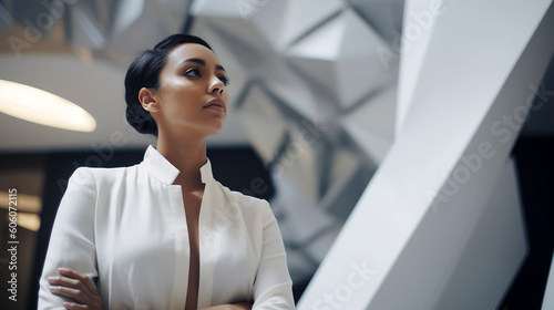 An elegant hispanic businesswoman  standing in a modern architecture environment- generative AI  AI generated