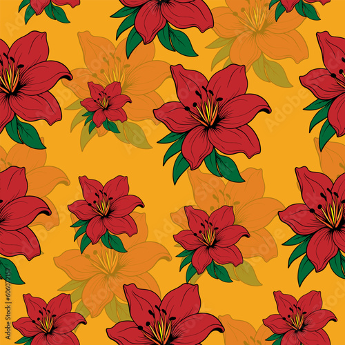 seamless pattern with blooming red flowers on a yellow background